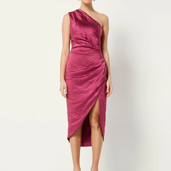 NWT | Elliatt Berry‎ Cassini Satin One Shoulder Ruched Midi Dress XL - $238 - Picture 1 of 15